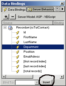 The insert button used to bind data into place.