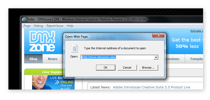 IE 10 DMXzone